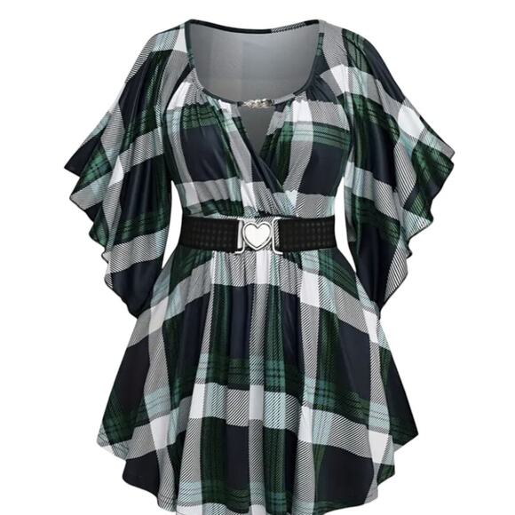 Plus Size Plaid Empire Waist Top Flutter Sleeve Heart Belt Green 4XL (US20) NWT - Picture 1 of 14
